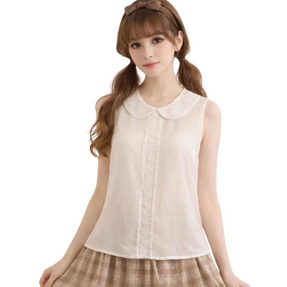 H&M Sheer Ivory Sleeveless Blouse Peter Pan Collar Crochet Lace Size 8 Twee